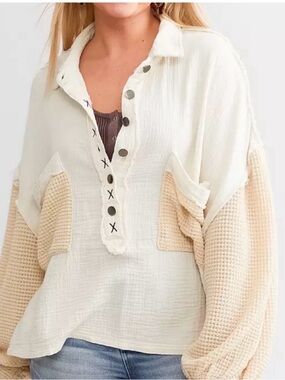 POL Light Pink Relaxed Boho Waffle Knit Button Down Spring 100% Cotton Pullover